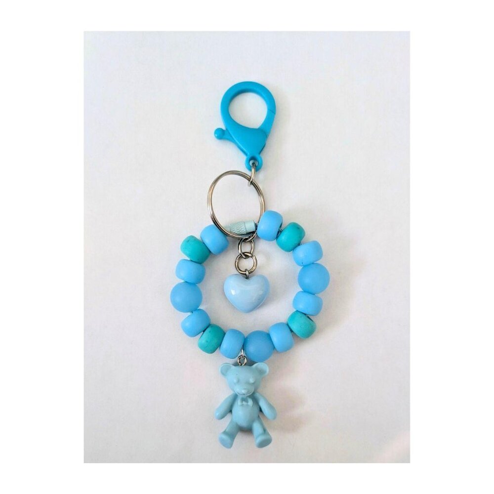 Handmade Matte Blue Kawaii Kidcore Beaded Keychain w/ Heart & Teddy Bear Charm